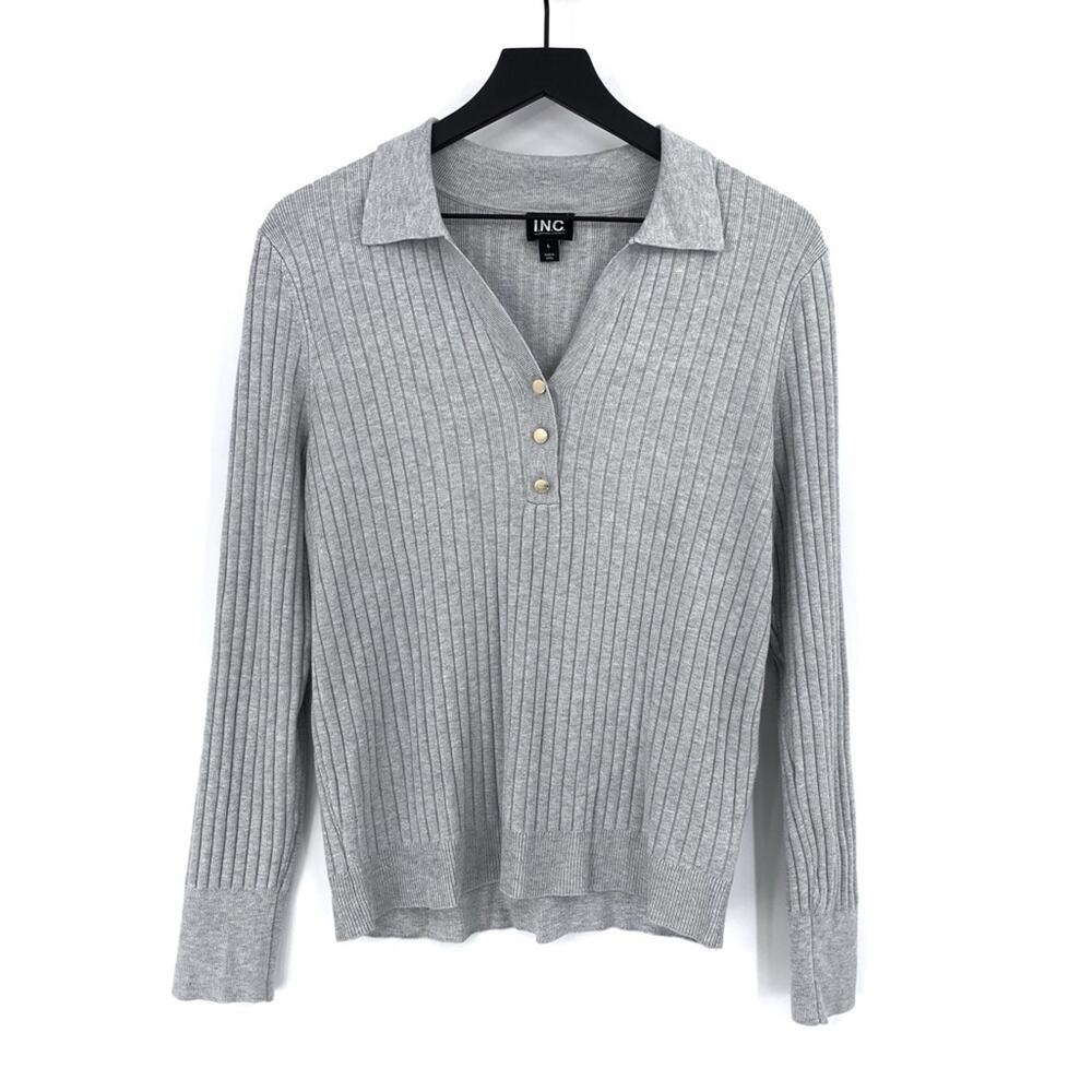 INC International Concepts Ribbed V Neck Sweater Grey L